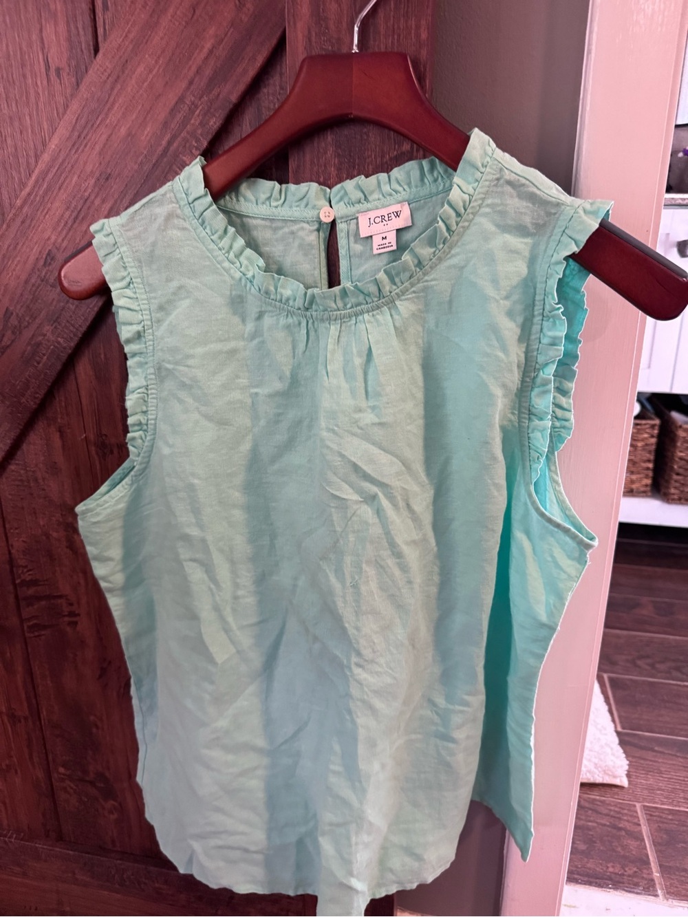 J. Crew Mint Green Ruffle Trim Sleeveless Linen Top